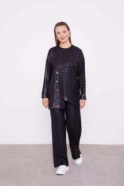 Levidor Black Asymmetrical Cut Crow's Feet Patterned Tunic Suit