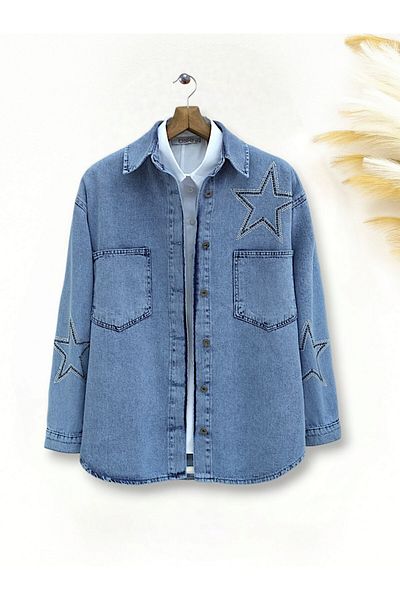 Modamorfo Jachetă de blugi cu buzunar dublu Ice Blue Star Stone