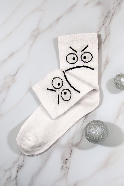 Tozlu Yaka Women's Angry Face Pattern College Sports Socks - 1 Pair White