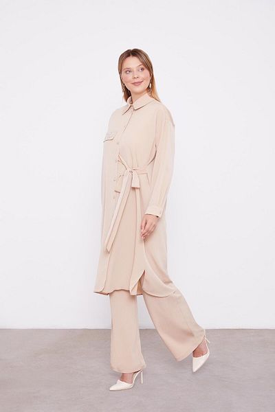 Levidor Beige Side Tie Pleated Double Set