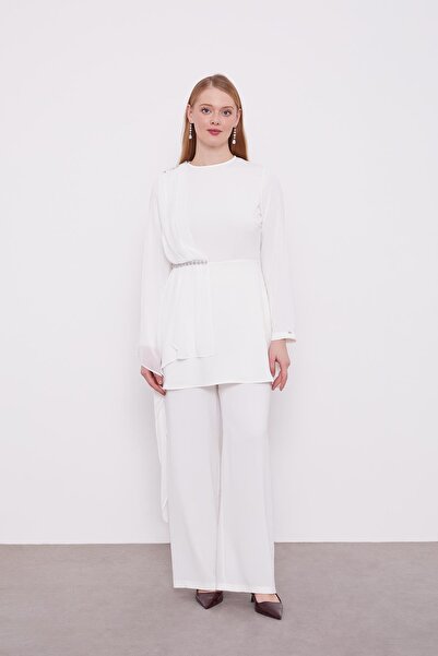 Levidor Ecru Stone Embroidered Chiffon Double Set