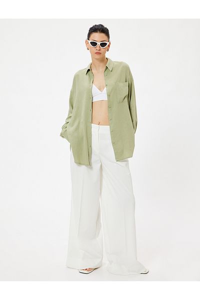 Koton Langärmliges, übergroßes Strandkleid aus Leinen – Hemdkragen und Taschendetail