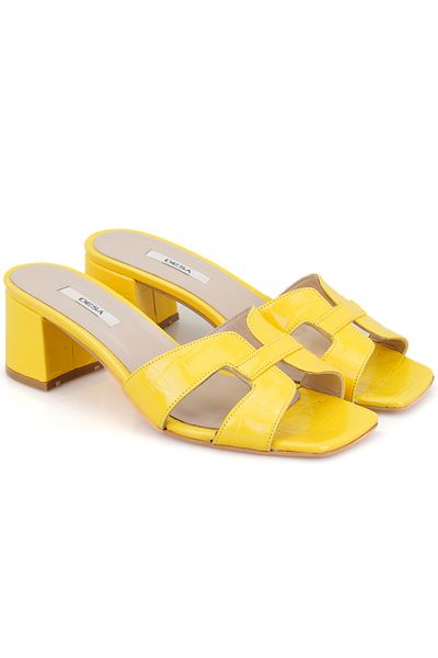 Desa Women's Yellow Crocodile Printed Heeled Leather Slippers