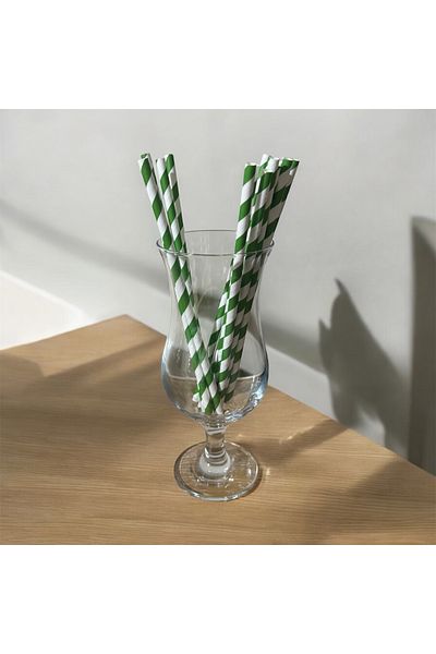Krm Ambalaj 6*20 cm Green White Paper Straws, 100 Pieces