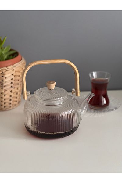 ECO KİTCHEN 800 ml Bamboo Handle Glass Strained Teapot - Heat Resistant