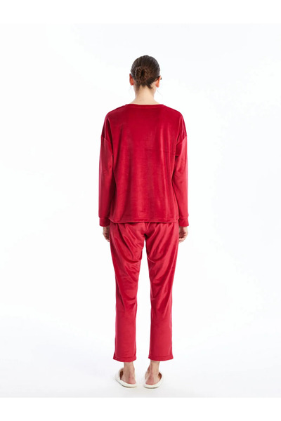 LC Waikiki LCW DREAM Kırmızı Bisiklet Yaka Baskılı Uzun Kollu Kadife Kadın Pijama Takımı