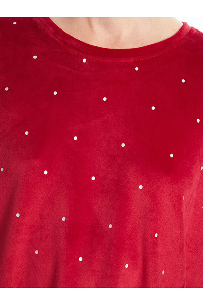 LC Waikiki LCW DREAM Kırmızı Bisiklet Yaka Baskılı Uzun Kollu Kadife Kadın Pijama Takımı