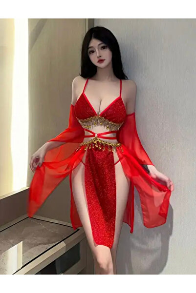 La Saade Cosplay Çin Retro Kırmızı Hanfu Dans Kostüm Seti(Üst, Tül Kollar, Etek ve Tanga)