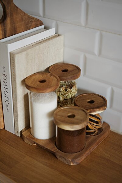Dekorzdükkan Acacia Vacuum Lid Jar Set with 4 Stands