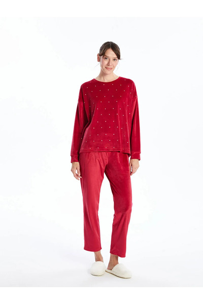 LC Waikiki LCW DREAM Kırmızı Bisiklet Yaka Baskılı Uzun Kollu Kadife Kadın Pijama Takımı