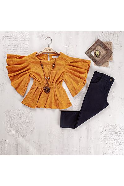Elayza Girls - Elastic Waist, Bat Sleeve, Knitted Blouse and Gabardine Pants Set