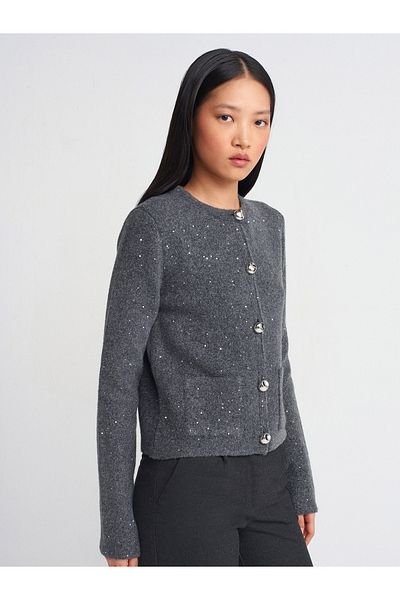Dilvin 60935 Smoked Knitwear Cardigan - Crew Neck with Sequins Glitter and Buttons