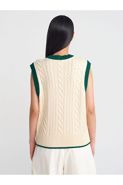 Dilvin 10691 V-Neck Braided Striped Knitwear Sweater-Ecru-Green
