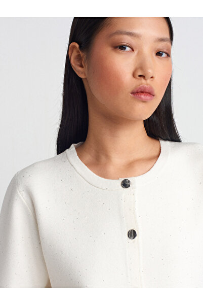 Dilvin 60920 Crew Neck Sequin Buttoned Pocket Knitwear Cardigan-Ecru