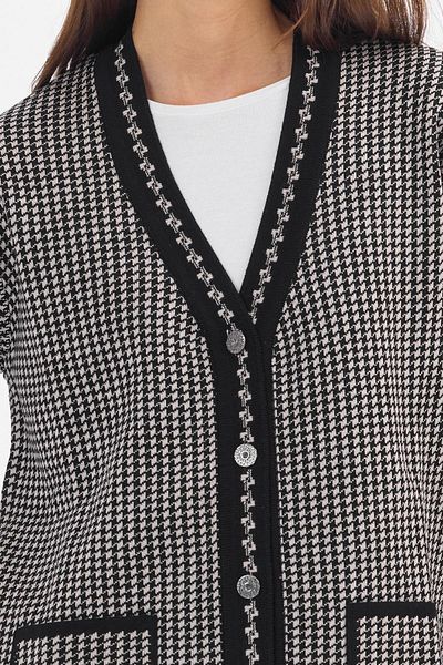 Uludağ Triko Cardigan pentru mamă, negru, cu model Houndstooth, cu buzunare, cu decolteu în V