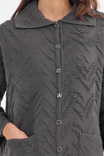 Uludağ Triko Women's Smoked Button and Pocket Embossed Pattern Knitwear Cardigan