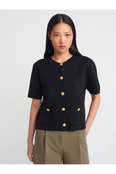 Dilvin 60287 Tricotaj cu buzunar cu nasturi cu gât crew Cardigan-Negru