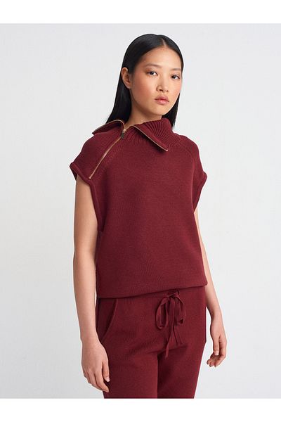 Dilvin 10667 Claret Red m Zippered Knitwear Sweater