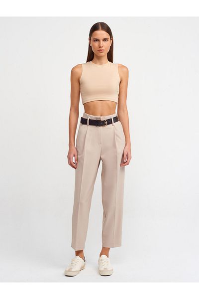 Dilvin 71259 Embossed Belted Carrot Fit Trousers-Stone