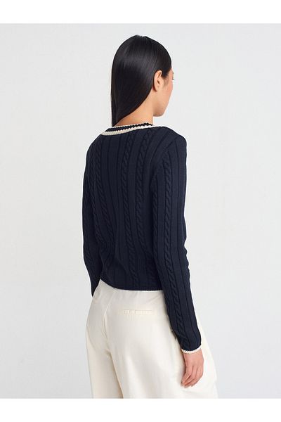 Dilvin 10687 V-Neck Striped Hair Knit Knitwear Sweater-Navy
