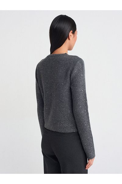 Dilvin 60935 Smoked Knitwear Cardigan - Crew Neck with Sequins Glitter and Buttons