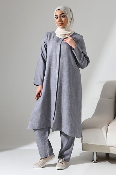 ihvanonline Women's Gray Melange Linen Look Hidden Zipper Hajj Umrah Outfit Hijab Double Suit