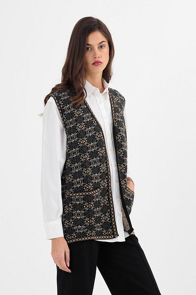 Uludağ Triko Women's Black Monogram Patterned Pocket Knitwear Kilim Mother Vest