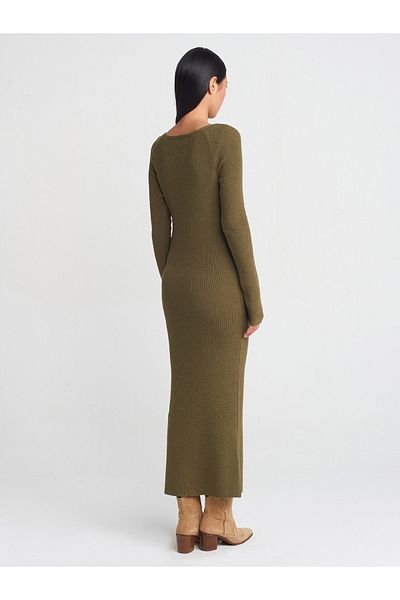 Dilvin 90242 Rochie din tricot cu nervuri cu decolteu în V cu textura moale-kaki