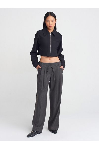 Dilvin 71588 Collared Fabric Trousers-Gray
