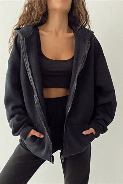 YAKAMEL Women's Navy Blue Zippered Thick Winter Hooded Kangaroo Pocket Cardigan