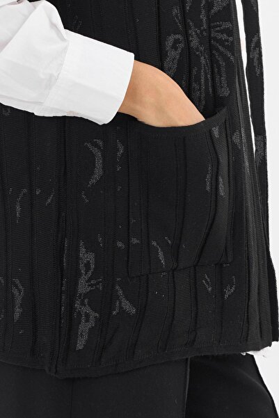 Uludağ Triko Women's Black Floral Print Pocket V-Neck Seasonal Knitwear Mother Vest