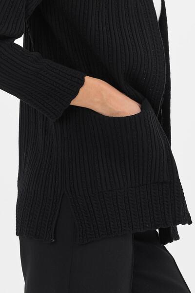 Uludağ Triko Women's Black Ribbed Plain Buttonless Mother's Knitwear Cardigan with Pockets