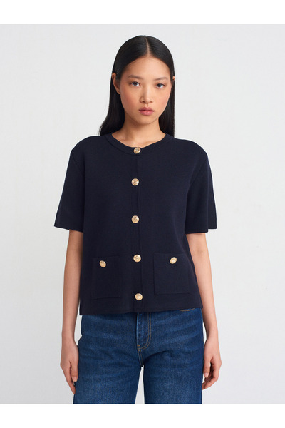 Dilvin 60287 Πλεκτή ζακέτα με λαιμόκοψη ποδηλάτου, κουμπιά και τσέπες - Μπλε ...