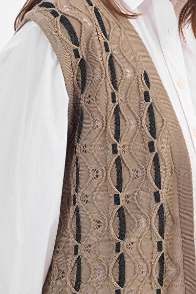 Uludağ Triko Kadın Kum Simli Burgu Desenli Mevsimlik Triko Yelek