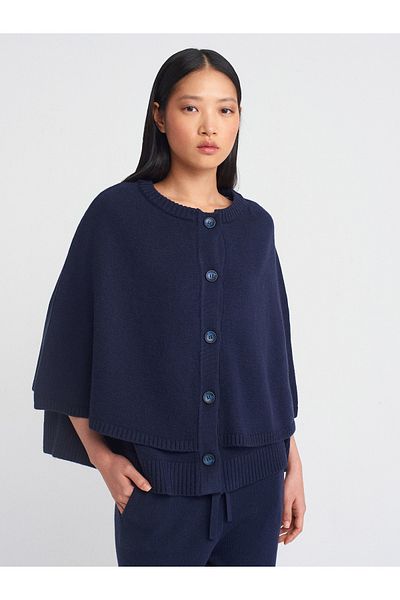 Dilvin 60929 Crew Neck Cloak Buttoned Knitwear Cardigan-Navy Blue
