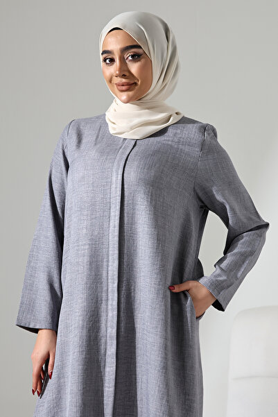 ihvan online Women's Gray Melange Linen Look Hidden Zipper Hajj Umrah Outfit Hijab Double Suit