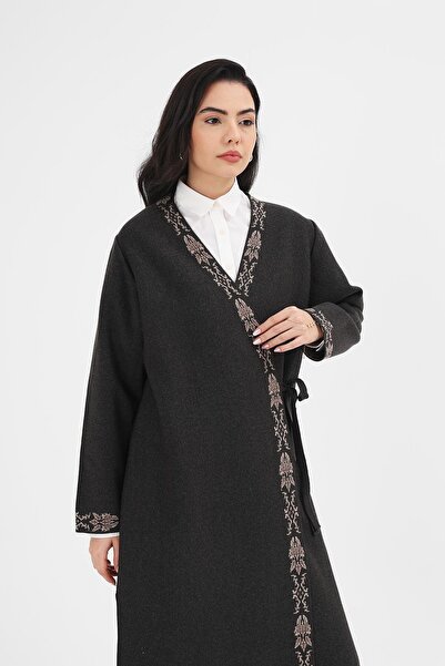 Uludağ Triko Γυναικείο κιμονό με έθνικ σχέδιο ανθρακί