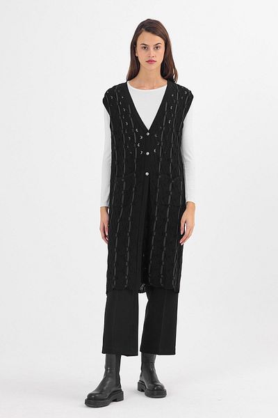 Uludağ Triko Women's Black Silvery Twist Patterned Buttoned Seasonal Knitwear Long Vest