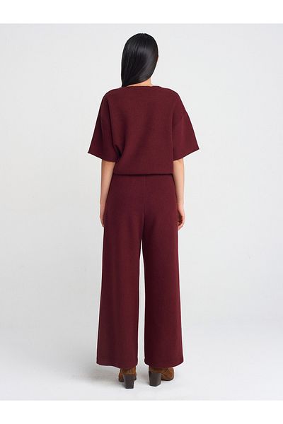 Dilvin 71833 Burgundy Ribbed Wide Leg Trousers