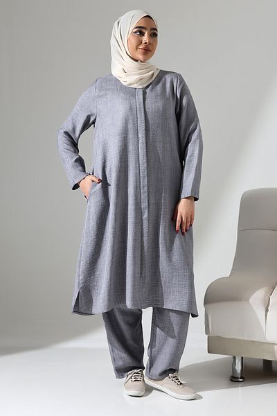 ihvanonline Women's Gray Melange Linen Look Hidden Zipper Hajj Umrah Outfit Hijab Double Suit
