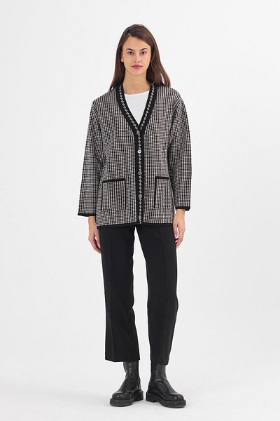 Uludağ Triko Cardigan pentru mamă, negru, cu model Houndstooth, cu buzunare, cu decolteu în V