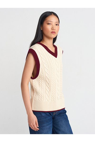 Dilvin 10691 V-Neck Braided Striped Knitwear Sweater-Ecru-Claret Red