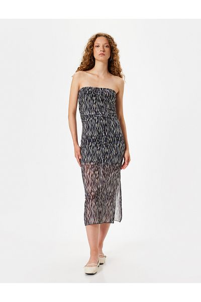 Koton Μίντι στράπλες φόρεμα Zebra Print - Μίνι με ντραπέ και αμάνικο