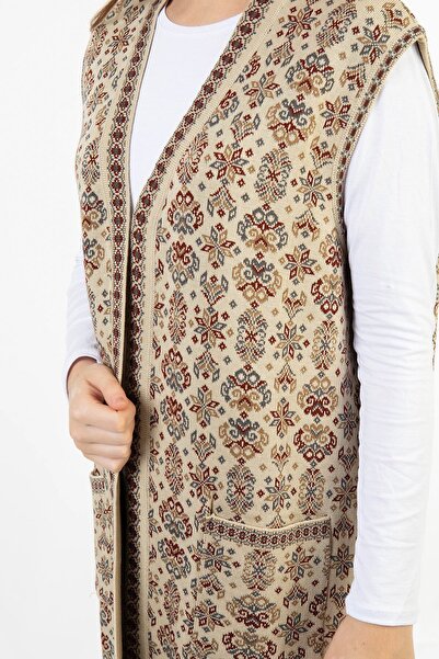 Uludağ Triko Women's Stone Flower Patterned Long Rug Vest with Pockets