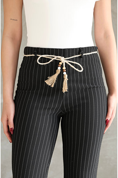 VEGENZE Women's Black Striped High Waist Lycra Spanish Leg Lace up Pants