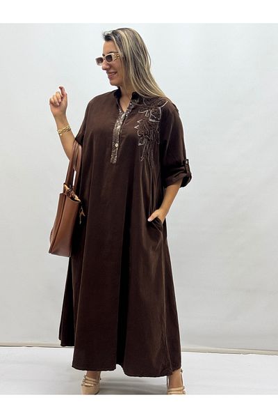 İTALYAN BUTİK Italian Embroidered Bib Sequined Slim Trophy Velvet Dress