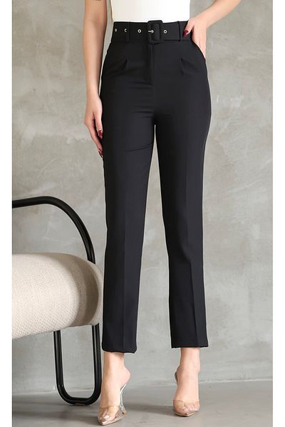 VEGENZE Women's Black High Waist Belted Pocket Pants