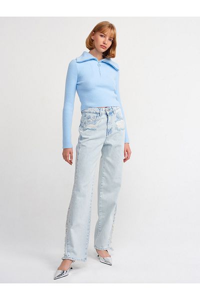 Dilvin 71322 Pantaloni din denim drept laser cu secțiune laterală-albastru