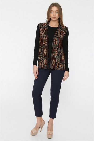 Uludağ Triko Women's Silver Ethnic Patterned Kilim Vest with Pockets
