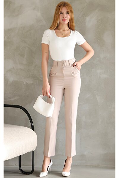 VEGENZE Γυναικείο μπεζ ψηλόμεσο παντελόνι τσέπης